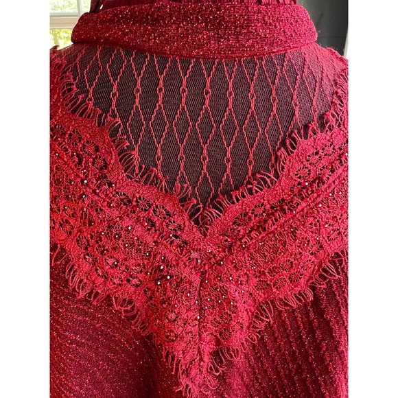 Deep Red Shimmer High Collar Sheer Sleeve Fringe Hem Dress Size M - Picture 4 of 12